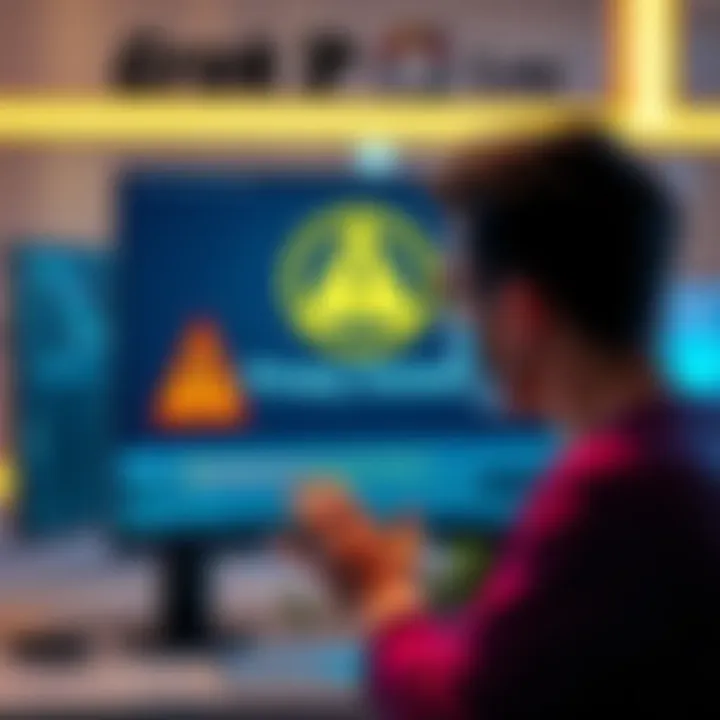 Grok Privacy Concerns A concerned person looking at a computer screen with a warning symbol, reflecting on privacy issues related to Grok.