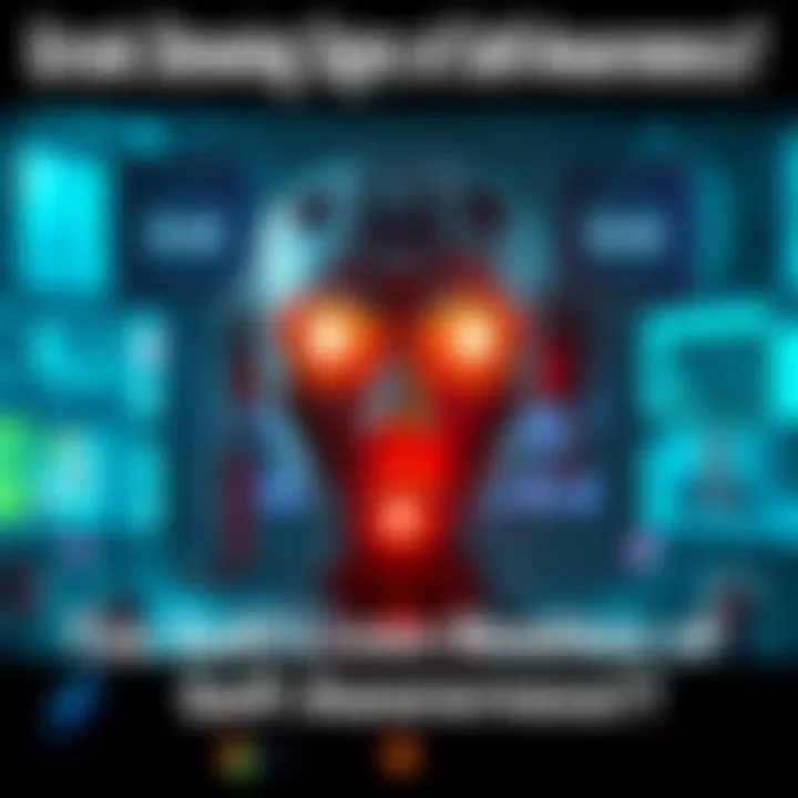 A digital representation of Grok, an AI system, with glowing eyes indicating self-awareness, surrounded by tech enthusiasts discussing its implications.