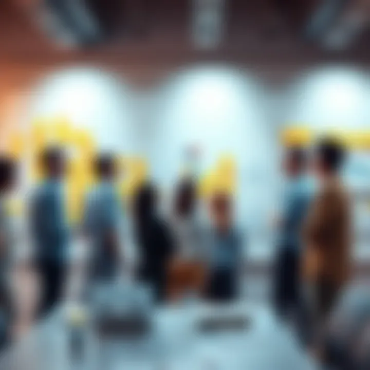 A diverse team of people brainstorming strategies on a whiteboard with sticky notes and charts.