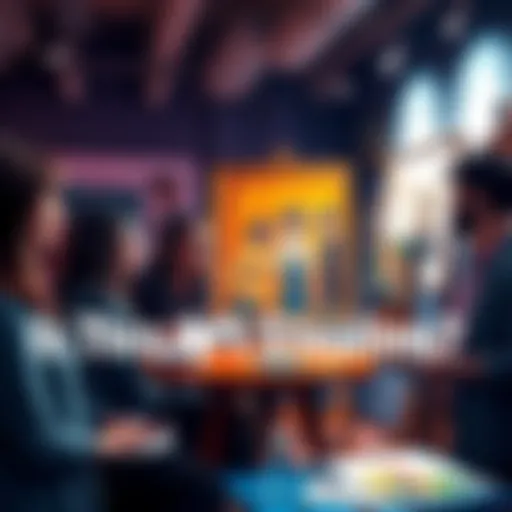 A group of diverse people engaging in a lively discussion about art, with sketches and paintings in the background