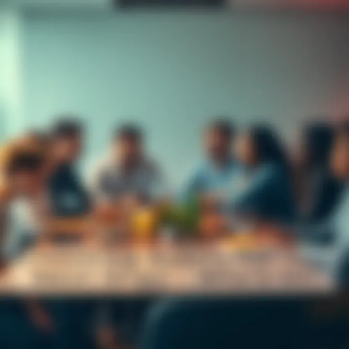 A group of diverse people sitting around a table, engaged in a serious conversation about choosing guests for an event, with drinks and snacks on the table.