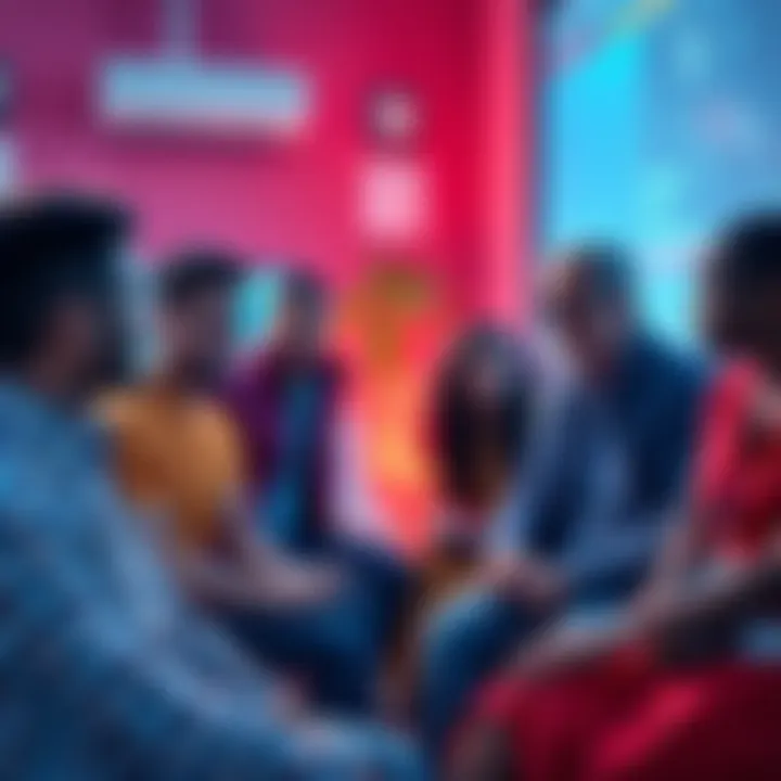 A diverse group of people discussing their views on artificial intelligence in a community setting.
