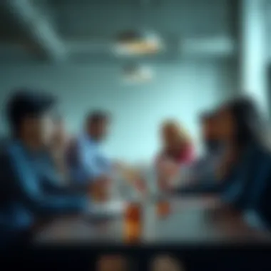 A diverse group of people engaging in a thoughtful discussion at a table, sharing ideas and insights.
