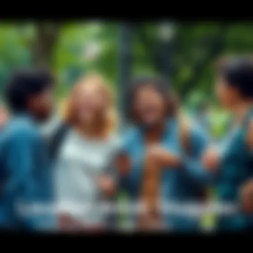 A diverse group of friends sharing a moment of laughter in a park, enjoying each other's company amidst tough times.