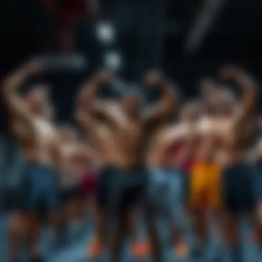 A diverse group of people flexing their muscles in a gym setting, demonstrating strength and camaraderie.