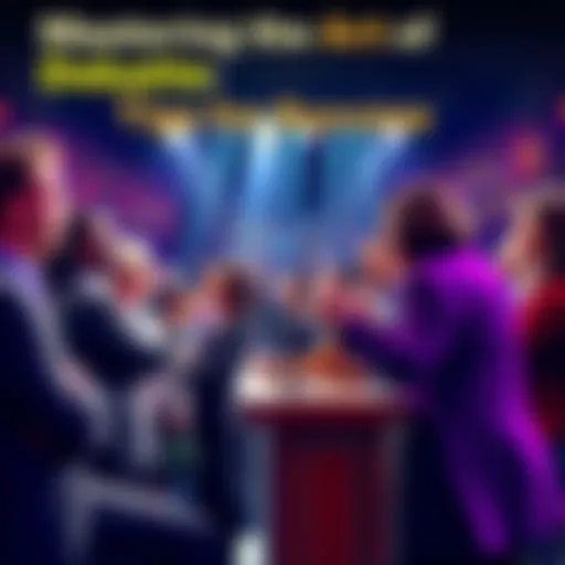 A diverse group of people engaged in a lively debate, expressing their views passionately at a podium