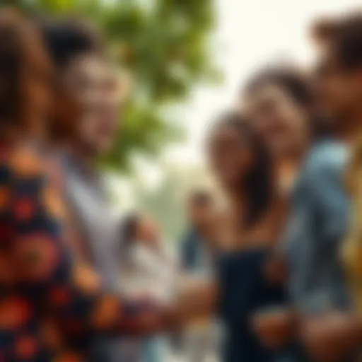 A diverse group of people smiling and enjoying each other's company in a lively outdoor setting, sharing moments and good vibes.