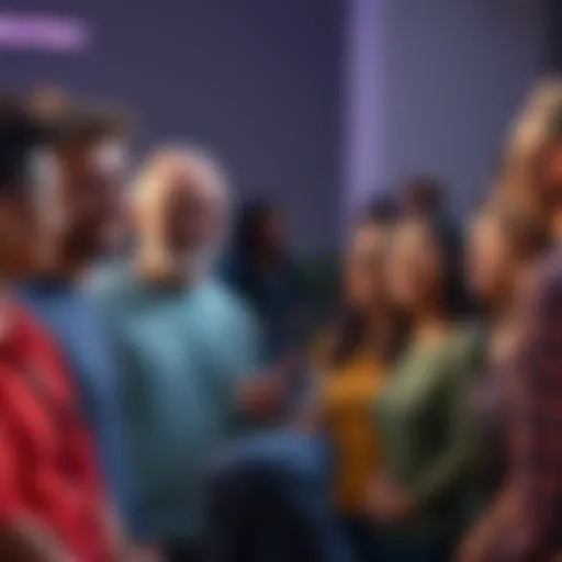 A diverse group of people gathered, sharing ideas and discussing their unique creative expressions. They appear excited and engaged in conversation about originality.