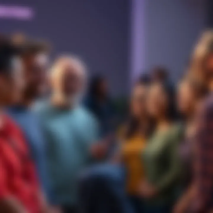A diverse group of people gathered, sharing ideas and discussing their unique creative expressions. They appear excited and engaged in conversation about originality.