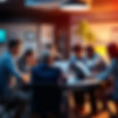 A group of people gathered around a table, discussing plans with documents and laptops.