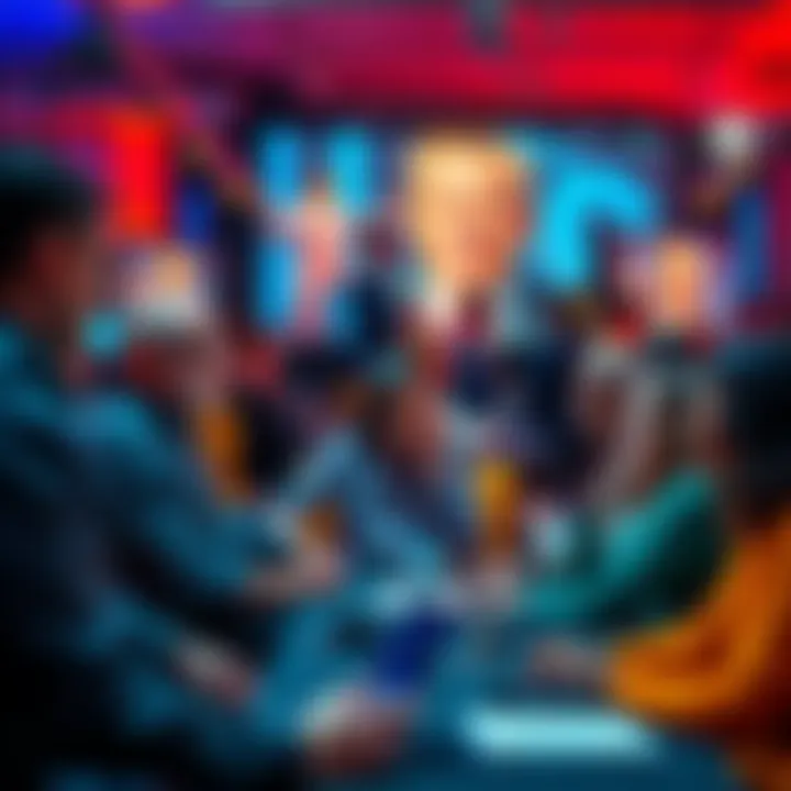 A diverse group of people engaged in a lively discussion in an online forum setting, representing different opinions and attitudes.