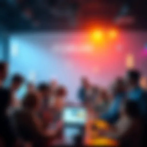 A group of diverse people engaging and discussing together in an online forum setting, showing excitement and collaboration.