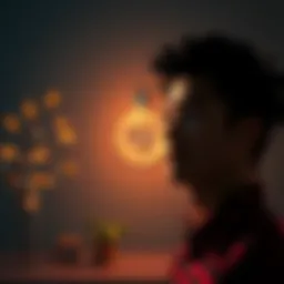 A person reflecting on their personal and professional growth with symbolic elements like a plant, clock, and career-related icons in the background.