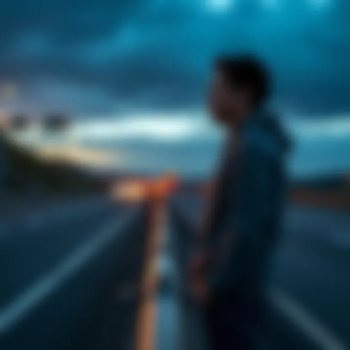 A person standing beside a road guardrail looking thoughtful, symbolizing self-regulation and mental health management.
