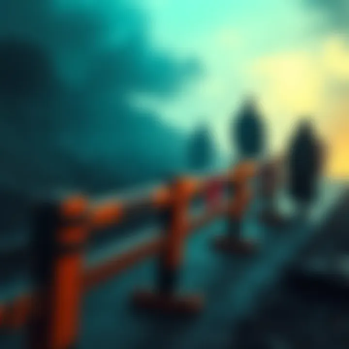 A visual representation of guardrails with shadowy figures lurking nearby, symbolizing danger and vulnerability in abuse prevention efforts.