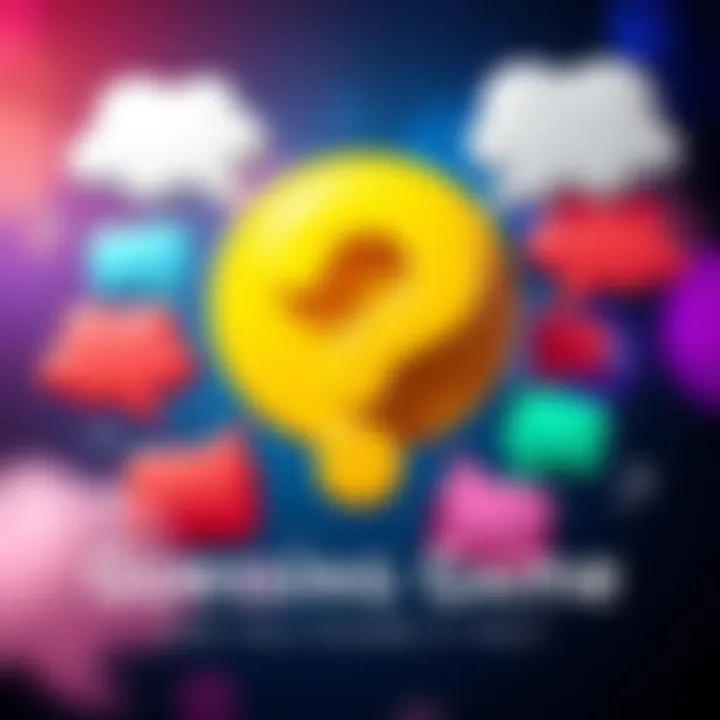 A colorful question mark surrounded by thought bubbles, representing a guessing game.