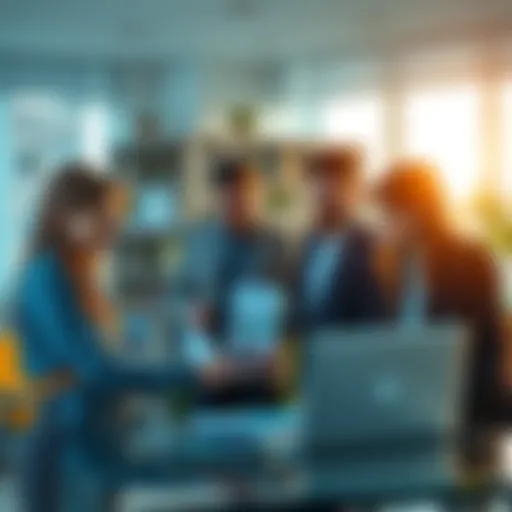 A team of professionals discussing Robotic Process Automation strategies with UIPATH, showing charts and laptops in a modern office setting.