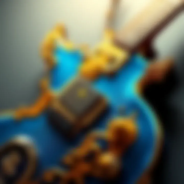 A close-up view of the Guitar Angel 5, showcasing its vibrant gold and blue design, with intricate details visible on the body and neck.