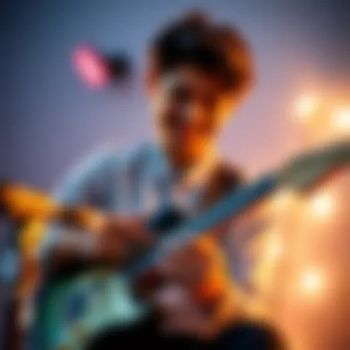 A person using a guitar as a game controller while smiling and engaged in gameplay