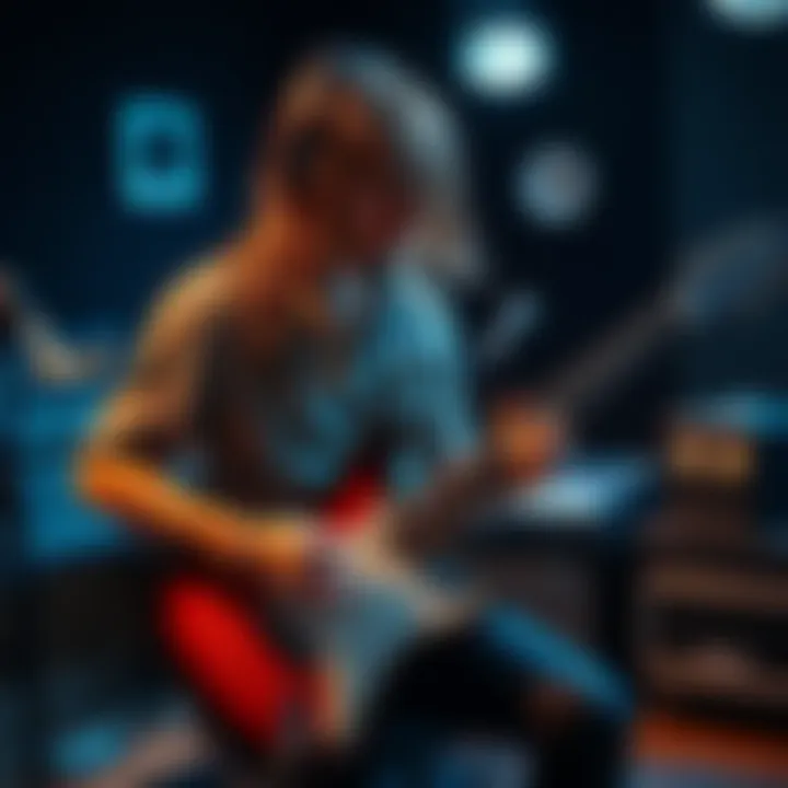 A guitarist with long hair plays electric guitar in a studio filled with music equipment, blending electronic sounds with guitar riffs for video games.