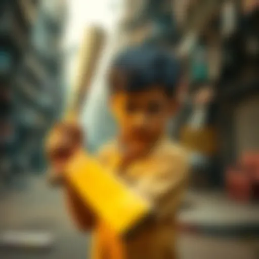 A young boy playing cricket on the streets of Bombay, holding a bat and looking determined, with colorful cards representing batting and bowling in the background.