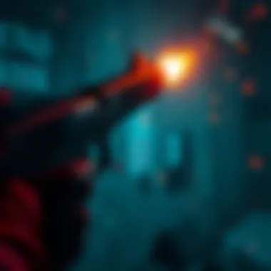 Gun firing Morse code signals A firearm is shown firing shots representing Morse code dots and dashes in a dark, survival horror game setting.