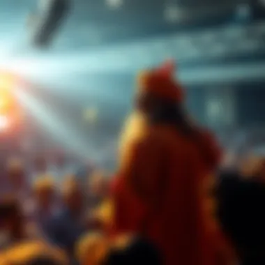 Guru on stage expressing controversial views to a packed audience