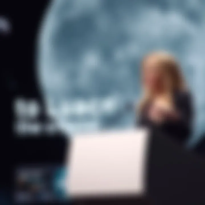 Gwynne Shotwell speaking at a podium about plans to use artificial intelligence for lunar exploration, with a space-themed background.