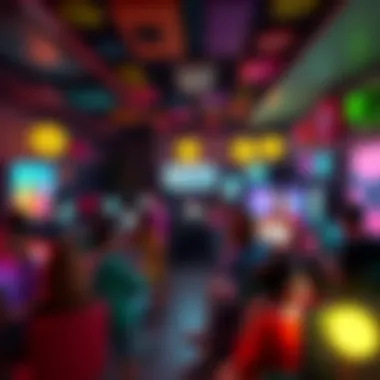 Habbo Players Reuniting Online A colorful virtual room filled with animated avatars of players socializing, showcasing a lively online community during the pandemic.