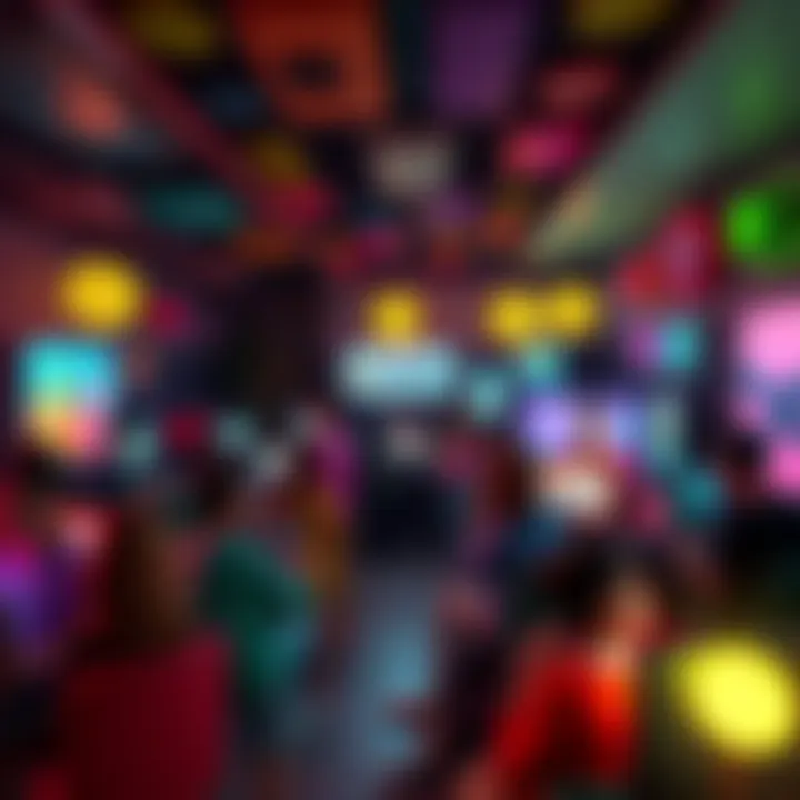 Habbo Players Reuniting Online A colorful virtual room filled with animated avatars of players socializing, showcasing a lively online community during the pandemic.