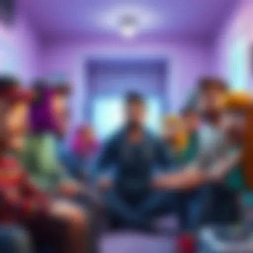 A scene showing several Habbos looking surprised as a stranger approaches them in a virtual room