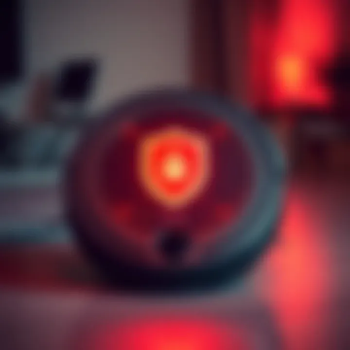 A DJI Romo robovac with a shield icon indicating a security breach, symbolizing remote access vulnerability.