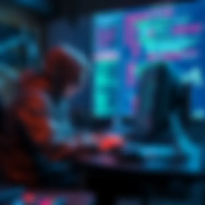 A focused hacker sitting at a computer, analyzing images related to jailbreak techniques, surrounded by coding notes and graphics on the screen.