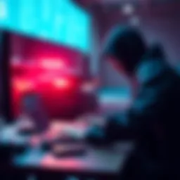 A hacker sitting at a computer, using a laptop to unlock a car from afar, with a car visible in the background