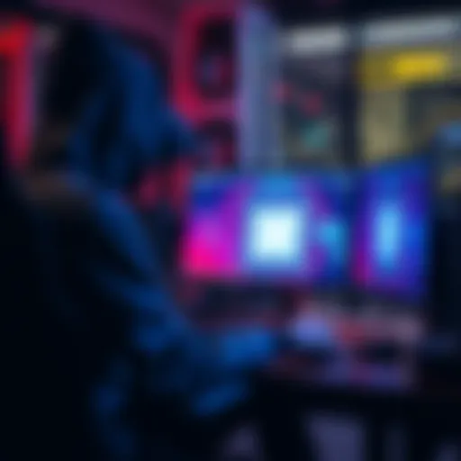 A hacker seated at a computer, manipulating Meta AI to gain access to high-profile Instagram profiles, showing a screen with the Instagram logo and access request.