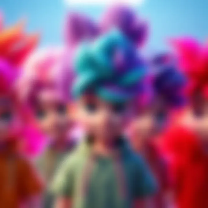 A colorful display of custom hairstyles for Pom Pom Dude character, showcasing different styles and colors.