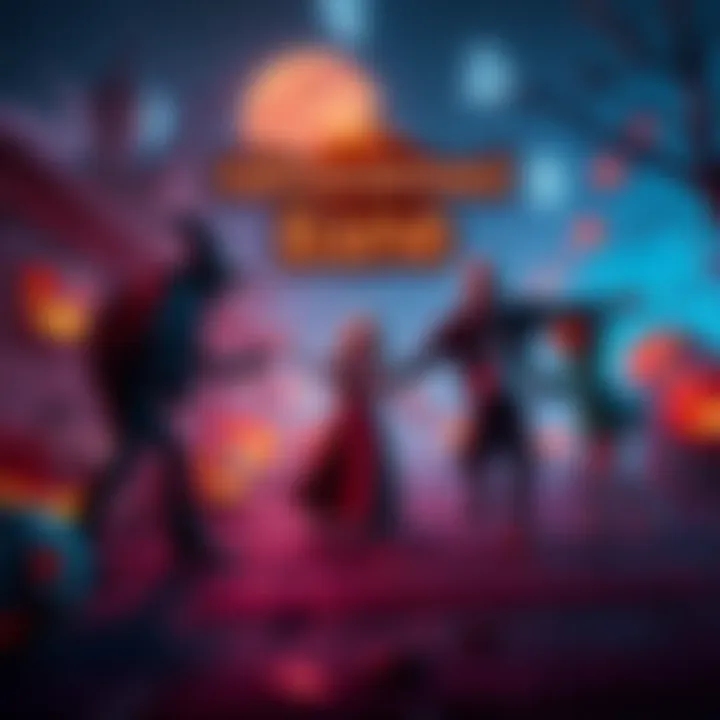 A spooky scene with characters from Hallowanderband dancing in a Halloween setting with pumpkins and ghosts