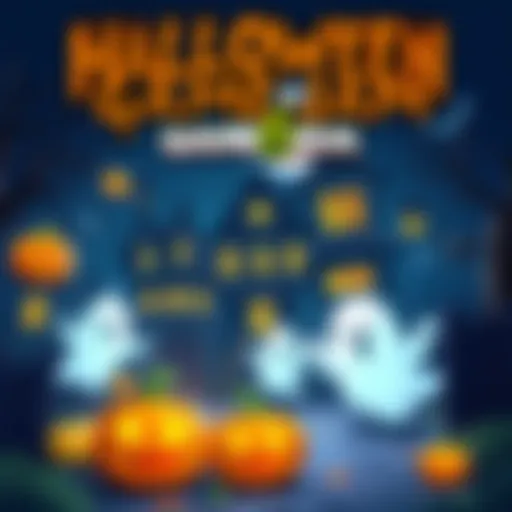 A spooky game jam scene featuring pumpkins, haunted houses, and playful ghosts, inviting people to join Bezi Jam 6.