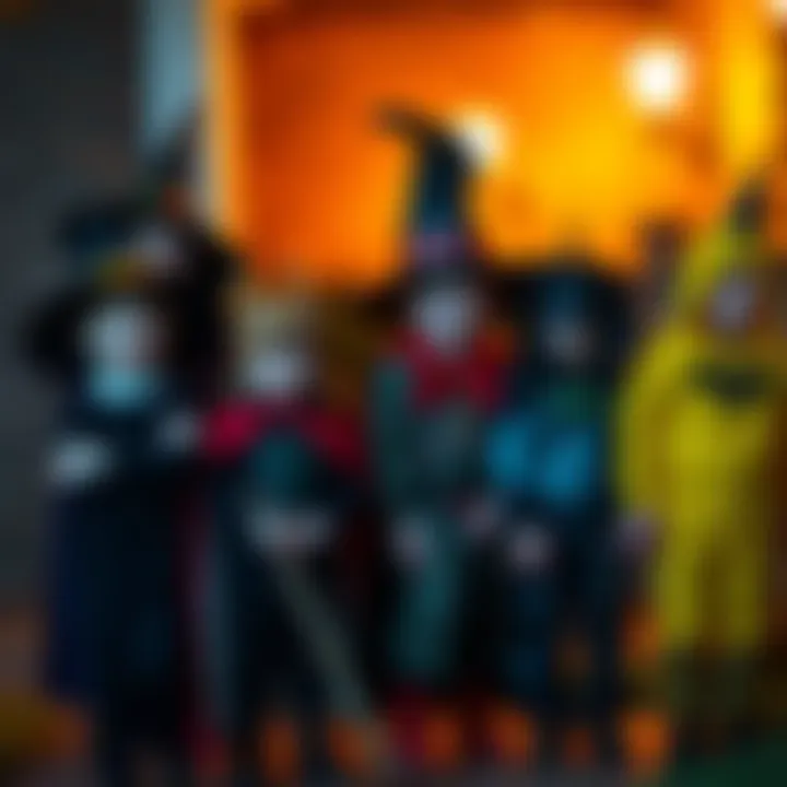 Children dressed in various Halloween costumes, including witches and superheroes, celebrating Halloween in 1987.