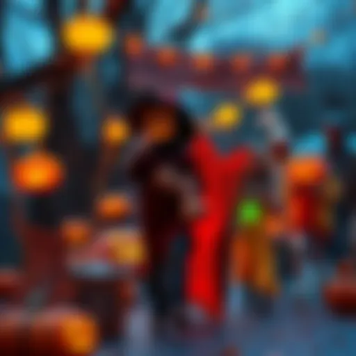 A group of people in costumes enjoying the Halloween walk with decorations and spooky treats around them.