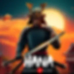 A vintage-style poster featuring a samurai in traditional armor with a katana, set against a backdrop of a sunset in feudal Japan