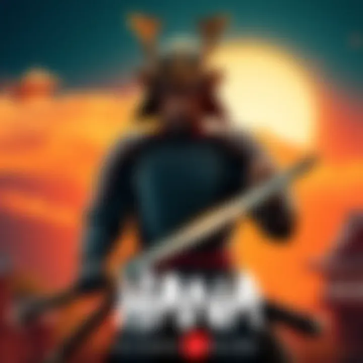 A vintage-style poster featuring a samurai in traditional armor with a katana, set against a backdrop of a sunset in feudal Japan