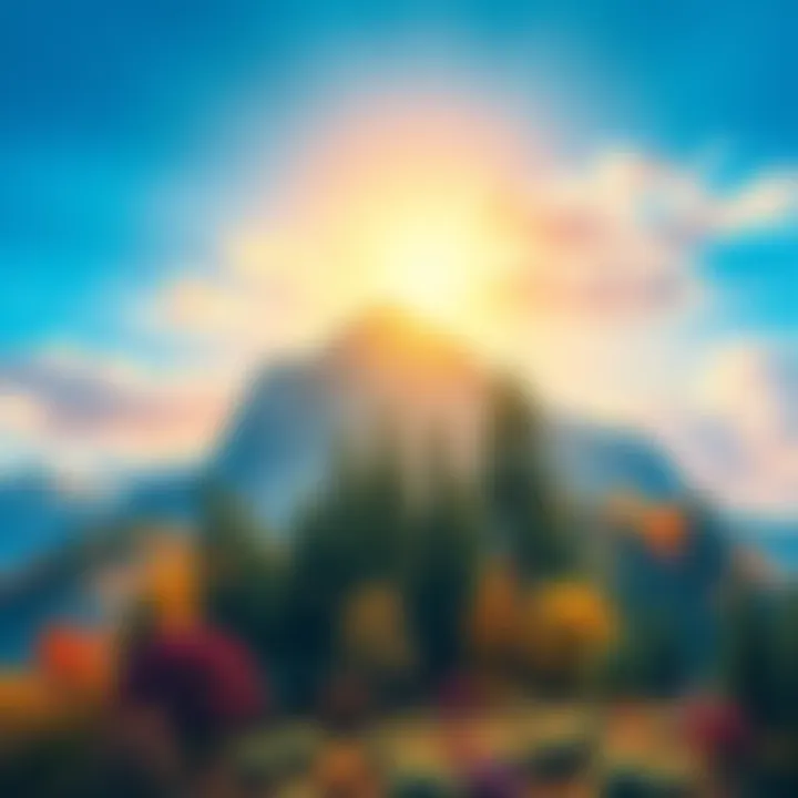 Colorful hand-drawn background for a video game featuring trees, mountains, and a bright sky