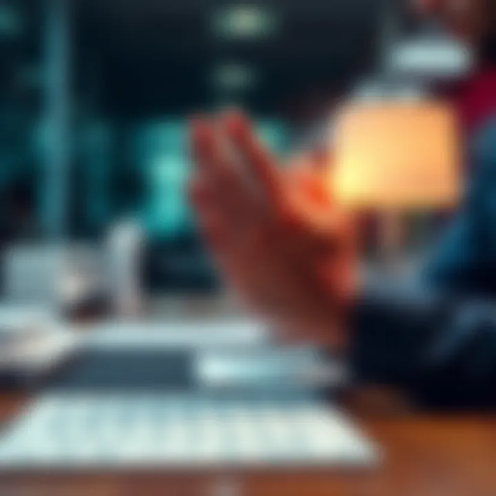 An office worker rubbing their sore hands after typing and handling documents