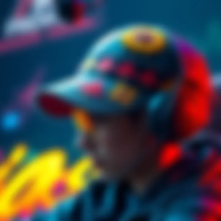 A unique, colorful hat designed for gaming, showcasing creative patterns and personal style. The hat is worn by a gamer, highlighting their individual craftsmanship.