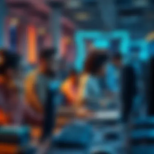 A group of diverse people working on computers, collaborating on AI projects, showcasing hands-on skills.