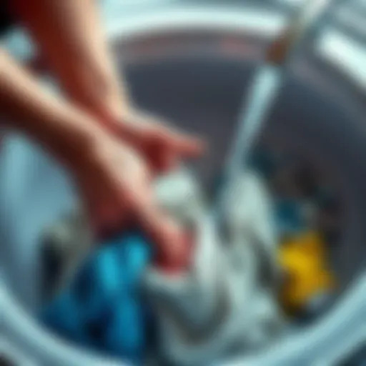 A person scrubbing clothes by hand in a basin, focusing on the laundry process