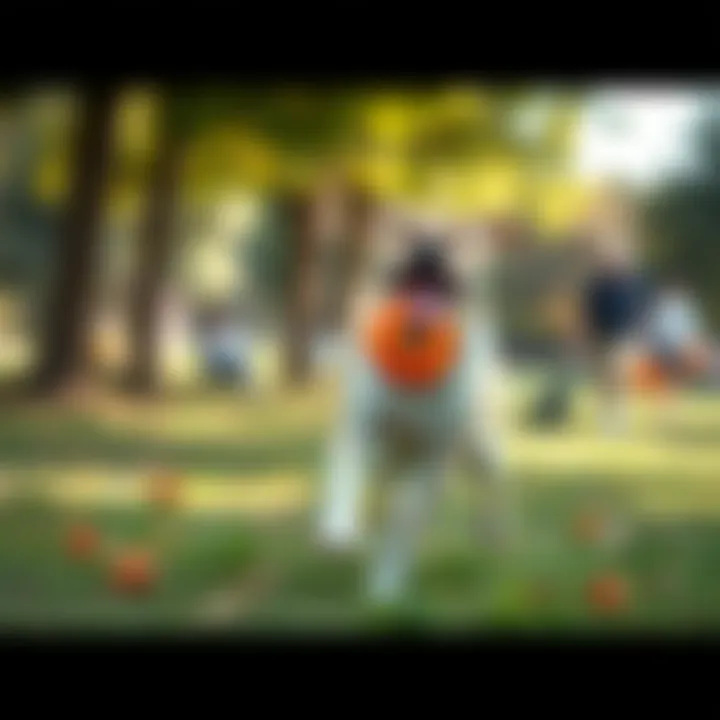 A joyful dog running in a park with a frisbee in its mouth, showcasing the bond between dogs and people.