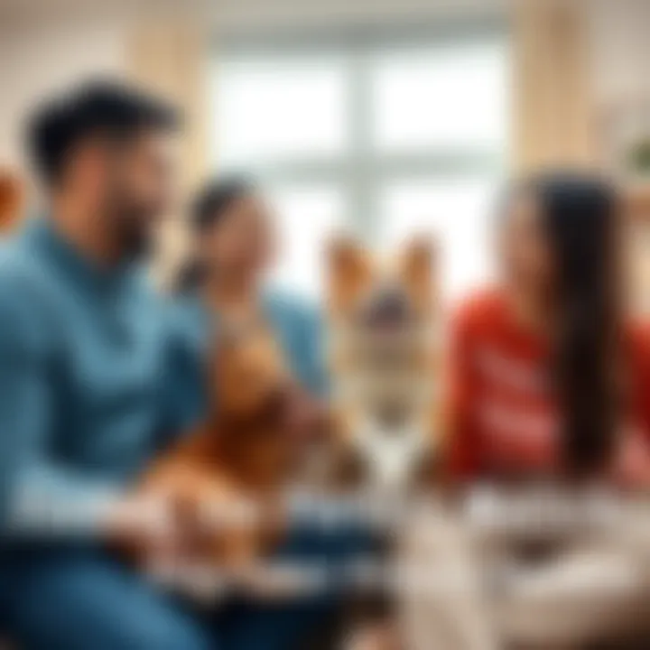 A family joyfully interacts with their newly adopted dog and cat in their living room, showcasing the bond between pets and their owners.