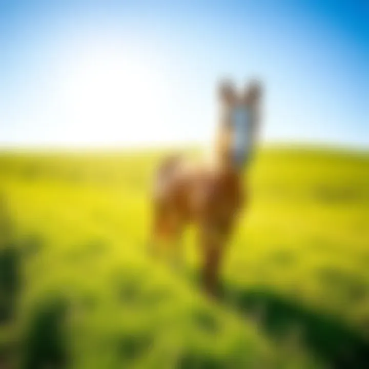 A cheerful horse standing in a green pasture with a clear blue sky.